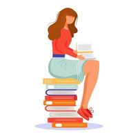 Girl reading book flat vector illustration. Student with paperback book. Exam preparation. Young woman sitting on stack of textbooks, studying one of it isolated cartoon character on white background