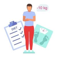 Man losing weight flat vector illustration. Young boy controlling body mass standing on scales isolated cartoon character on white background. Male patient on diet, happy with weight loss result