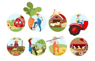 conjunto de iconos de concepto plano de agricultura. ganadería y explotación ganadera. pegatinas de agricultura, paquete de cliparts. productos del mercado de agricultores. cultivo de plantas de cultivo, huerta. ilustraciones de dibujos animados aislados vector