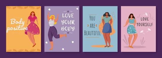 Body positive posters vector template set. Feminism movement. Brochure, cover, booklet page concept design with flat illustrations. Overweight women. Advertising flyer, leaflet, banner layout idea