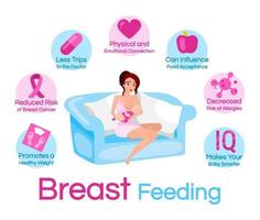 Breastfeeding benefits flat infographic vector template. Breast feeding advantages. Poster, booklet page design element with flat illustrations. Baby nursing and lactation. Flyer, leaflet, banner idea