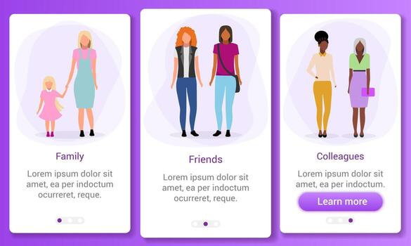 Interpersonal relationship onboarding mobile app screen template. Multicultural and multiracial friends, colleagues, family. Walkthrough website steps with flat characters vector