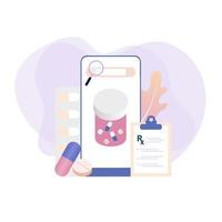 Online medical prescription digital document or online test results report on mobile smartphone screen. Concept of pharmacy drugstore, diagnosis, hospital, healthcare. Flat vector illustration for web