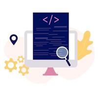 concepto de diseño plano moderno del proceso de codificación de desarrollo de software. desarrollo, diseñador, programación, prueba de código multiplataforma, aplicación, interfaz de usuario. crear, editar guiones para sitios web y dispositivos móviles. vector