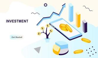 Business investment template. Money investing, portfolio income, capital gain, money saving, financial analysis and safety situation. Web page commerce solution for investment vector illustration.