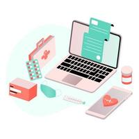 Online healthcare flat illustration. Online medical consultation and treatment via app smartphone or computer connected internet clinic. Online ask doctor consultation technology in mobile vector.