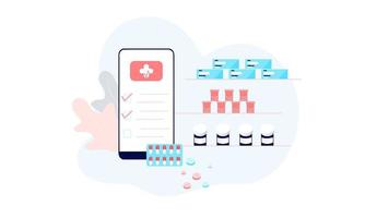 Landing page of Online pharmacy, healthcare, drugstore and ecommerce app concept. Vector of prescription drugs, first aid kit and medical supplies being sold via computer web or smartphone application