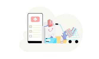 Página de inicio del concepto de aplicación de farmacia en línea, atención médica, farmacia y comercio electrónico. vector de medicamentos recetados, botiquín de primeros auxilios y suministros médicos que se venden a través de la web de la computadora o la aplicación de teléfono inteligente