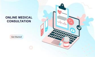 página de destino del sitio web médico. servicios médicos en línea, ayuda en línea, soporte para consultas médicas en línea. médico, médico, terapeuta de iconos web médicos, interfaz de usuario, aplicación móvil, carteles, pancartas vector