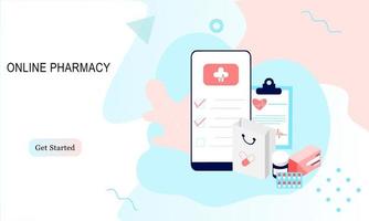 Landing page of Online pharmacy, healthcare, drugstore and e-commerce app concept. Vector of prescription drugs, first aid kit and medical supplies being sold online via web or smartphone application.