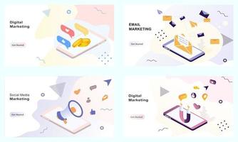 Set of landing page templates for email marketing, digital marketing, ecommerce, social media marketing, social network, business, banner ads. Modern vector illustration for web and mobile development