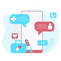 Ilustración plana de salud en línea. Consulta médica y tratamiento en línea a través de una aplicación de teléfono inteligente o una clínica de internet conectada a una computadora. Pregunte en línea a la tecnología de consulta médica en vector móvil.