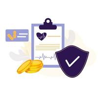 Health insurance. Concept of medical insurance and life insurance. Protection of health and life of people with document of insurance. Healthcare, finance and medical service. Flat vector illustration