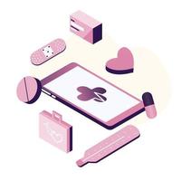 Ilustración plana de salud en línea. Consulta médica y tratamiento en línea a través de una aplicación de teléfono inteligente o una clínica de internet conectada a una computadora. Pregunte en línea a la tecnología de consulta médica en vector móvil.