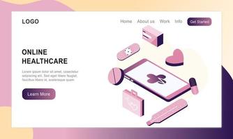 Landing page of online healthcare flat illustration. Online medical consultation and treatment via app smartphone or computer connected internet clinic. Online ask doctor consultation in mobile vector