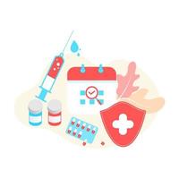 Vaccination concept. Immunization campaign. COVID-19 Virus Vaccine shot. Health care and protection. Medicine and syringe with a vaccine bottle protection shield and virus. Medical treatment icons. vector