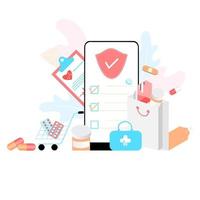 Online pharmacy app concept of healthcare, drugstore and e-commerce. Vector of prescription drugs, first aid kit and medical supplies being sold online via web or smartphone application technology.