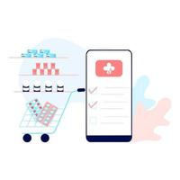 concepto de aplicación de farmacia en línea de atención médica, farmacia y comercio electrónico. vector de medicamentos recetados, botiquín de primeros auxilios y suministros médicos que se venden en línea a través de la tecnología de aplicaciones web o de teléfonos inteligentes.