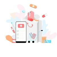 concepto de aplicación de farmacia en línea de atención médica, farmacia y comercio electrónico. vector de medicamentos recetados, botiquín de primeros auxilios y suministros médicos que se venden en línea a través de la tecnología de aplicaciones web o de teléfonos inteligentes.