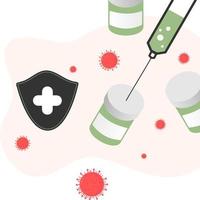 Vaccination concept. Immunization campaign. COVID-19 Virus Vaccine shot. Health care and protection. Medicine and syringe with a vaccine bottle protection shield and virus. Medical treatment icons. vector