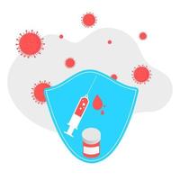 Vaccination concept. Immunization campaign. COVID-19 Virus Vaccine shot. Health care and protection. Medicine and syringe with a vaccine bottle protection shield and virus. Medical treatment icons. vector