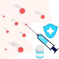 Vaccination concept. Immunization campaign. COVID-19 Virus Vaccine shot. Health care and protection. Medicine and syringe with a vaccine bottle protection shield and virus. Medical treatment icons. vector