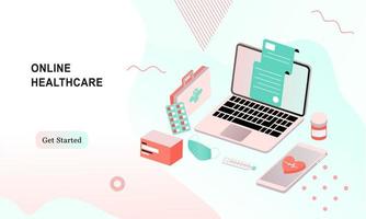 Landing page of online healthcare flat illustration. Online medical consultation and treatment via app smartphone or computer connected internet clinic. Online ask doctor consultation in mobile vector