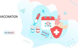 Landing page of vaccination website. Immunization campaign. Health care and protection. Isometric medical treatment. Flat vector illustration for wallpaper, banner, background, card, book illustration