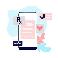 Online medical prescription digital document or online test results report on mobile computer screen. Concept of pharmacy drugstore, diagnosis, hospital, healthcare. Flat vector illustration.