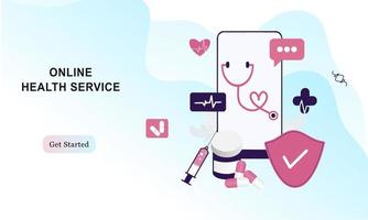 página de inicio de la ilustración plana de atención médica en línea. Consulta médica y tratamiento en línea a través de una aplicación de teléfono inteligente o una clínica de internet conectada a una computadora. pedir consulta médica en línea en vector móvil