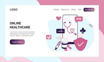 Landing page of online healthcare flat illustration. Online medical consultation and treatment via app smartphone or computer connected internet clinic. Online ask doctor consultation in mobile vector