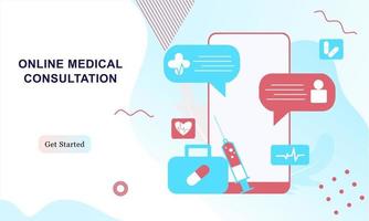 página de inicio de la ilustración plana de atención médica en línea. Consulta médica y tratamiento en línea a través de una aplicación de teléfono inteligente o una clínica de internet conectada a una computadora. pedir consulta médica en línea en vector móvil