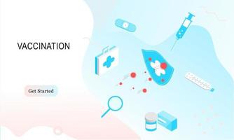 Landing page of vaccination website. Immunization campaign. Health care and protection. Isometric medical treatment. Flat vector illustration for wallpaper, banner, background, card, book illustration