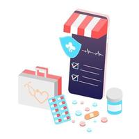 concepto de aplicación de farmacia en línea de atención médica, farmacia y comercio electrónico. vector de medicamentos recetados, botiquín de primeros auxilios y suministros médicos que se venden en línea a través de la tecnología de aplicaciones web o de teléfonos inteligentes.