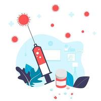 Vaccination concept. Immunization campaign. COVID-19 Virus Vaccine shot. Health care and protection. Medicine and syringe with a vaccine bottle protection shield and virus. Medical treatment icons. vector