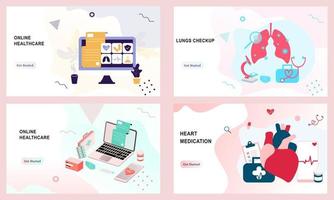 Set of landing page templates for online healthcare, heart medication, lungs checkup, online medical consultation, pharmacy. Doctor, clinic, therapist for website, UI, mobile application, banners. vector