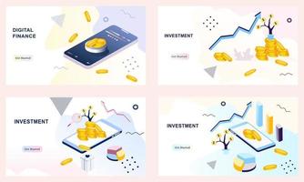 Set of landing page templates for investment, portfolio income, capital gain, money saving, financial analysis and safety situation. Web pages of fintech, digital payment, digital finance, transfer. vector