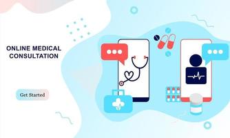 página de destino del sitio web médico. servicios médicos en línea, ayuda en línea, soporte para consultas médicas en línea. médico, médico, terapeuta de iconos web médicos, interfaz de usuario, aplicación móvil, carteles, pancartas vector