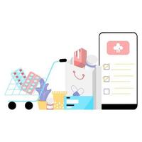 Online pharmacy app concept of healthcare, drugstore and e-commerce. Vector of prescription drugs, first aid kit and medical supplies being sold online via web or smartphone application technology.