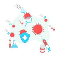 Vaccination concept. Immunization campaign. COVID-19 Virus Vaccine shot. Health care and protection. Medicine and syringe with a vaccine bottle protection shield and virus. Medical treatment icons. vector