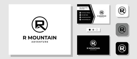 Initial letter R Mountain Hiking Adventure Landscape Logo Design with Business Card Template