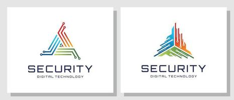 tecnología de seguridad protección del sistema digital triángulo escudo red diseño de logotipo moderno vector