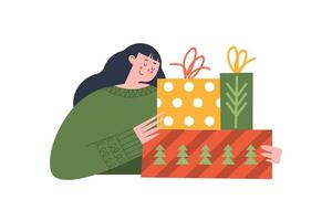 una linda chica con regalos de año nuevo. ilustración vectorial acogedora festiva.