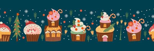 Merry Christmas and Happy New Year. Vector seamless border with cute sweets.