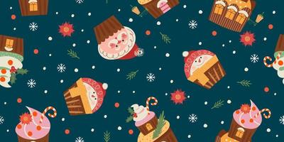 Merry Christmas and Happy New Year. Vector seamless pattern with cute sweets.