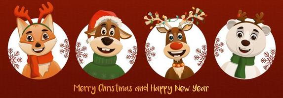 pancarta con lindos animales navideños de invierno. zorro, perro, ciervo, oso. Feliz navidad y próspero año nuevo. ilustración vectorial.