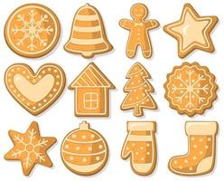 Christmas gingerbread, food for the winter holidays. Cartoon style. A set of figures for New Year's baking. Vector image, illustration