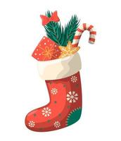 Red Christmas socks with snowflakes, gift boxes, tree, bow, candies, vector image, illustration