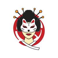geisha japonesa con ilustración de máscara kitsune vector