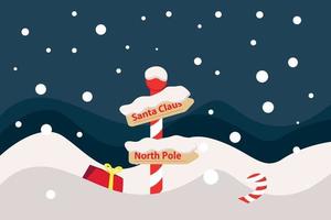 The north pole pointer. The pointer of Santa's house in the snow, the pole pointer.  A gift in the snow, a winter landscape. Christmas Flat Illustration vector